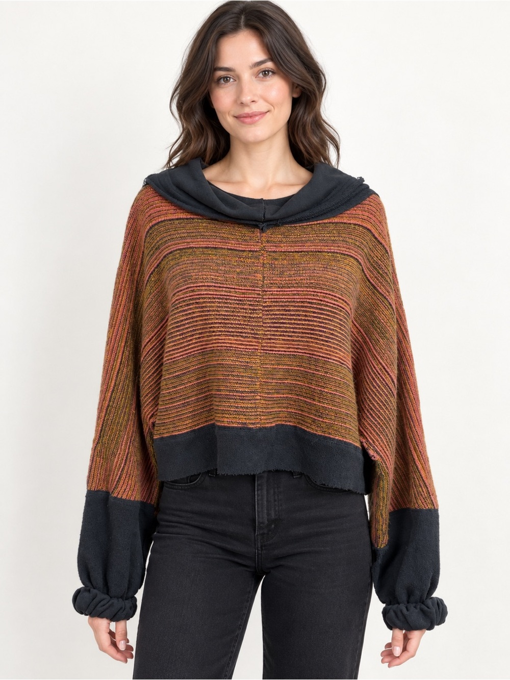 Free People S Multicolor Striped Cropped Cowl Neck Sweater Balloon Sleeve